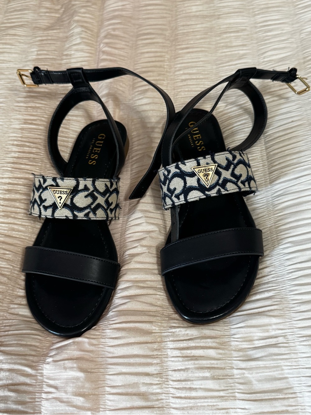 GUESS Navy Blue Leather & Monogram Logo Strap Sandals